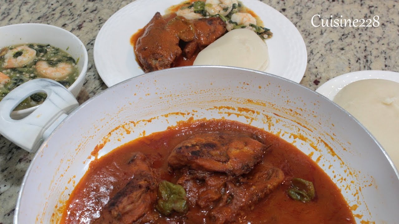 Guinea Fowl Tomato stew & Plain Okra soup - Sauce tomate a la pintade & Gombo