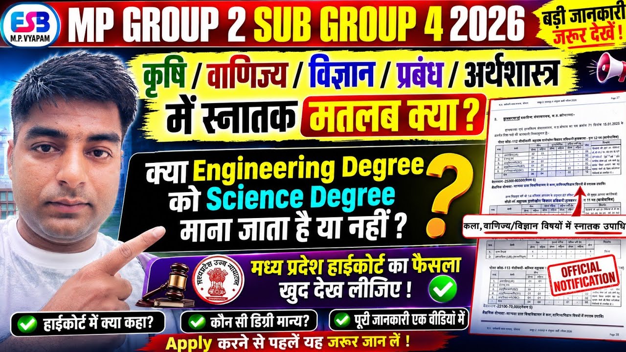 MP Group 2 SubGroup4 2026 में Engineering Degree मान्य है या नहीं? Science Graduate का मतलब क्या है?