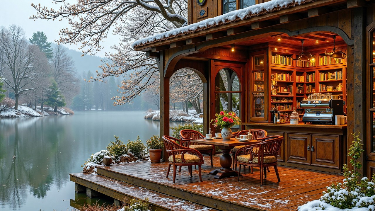 Peaceful Winter Day at Cozy Lakeside Cafe Ambience | Relaxing Jazz Background Music to Study, Work