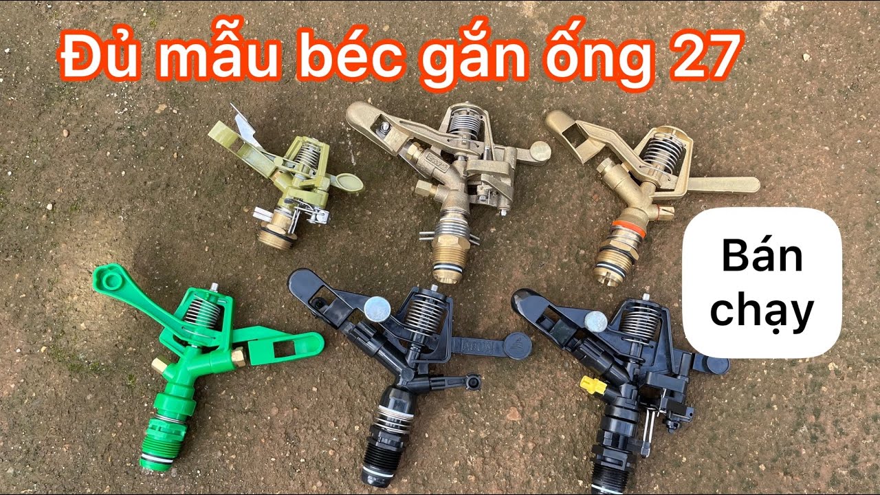 Đủ mẫu béc tưới phun mưa gắn ống ren 27 - đồng nhựa, xoay tròn, chỉnh góc, hạt mịn