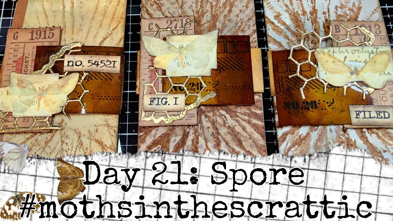 #mothsinthescrattic Day 21- Spore - Spore Print Stamped Envelopes With Collaged Bellybands