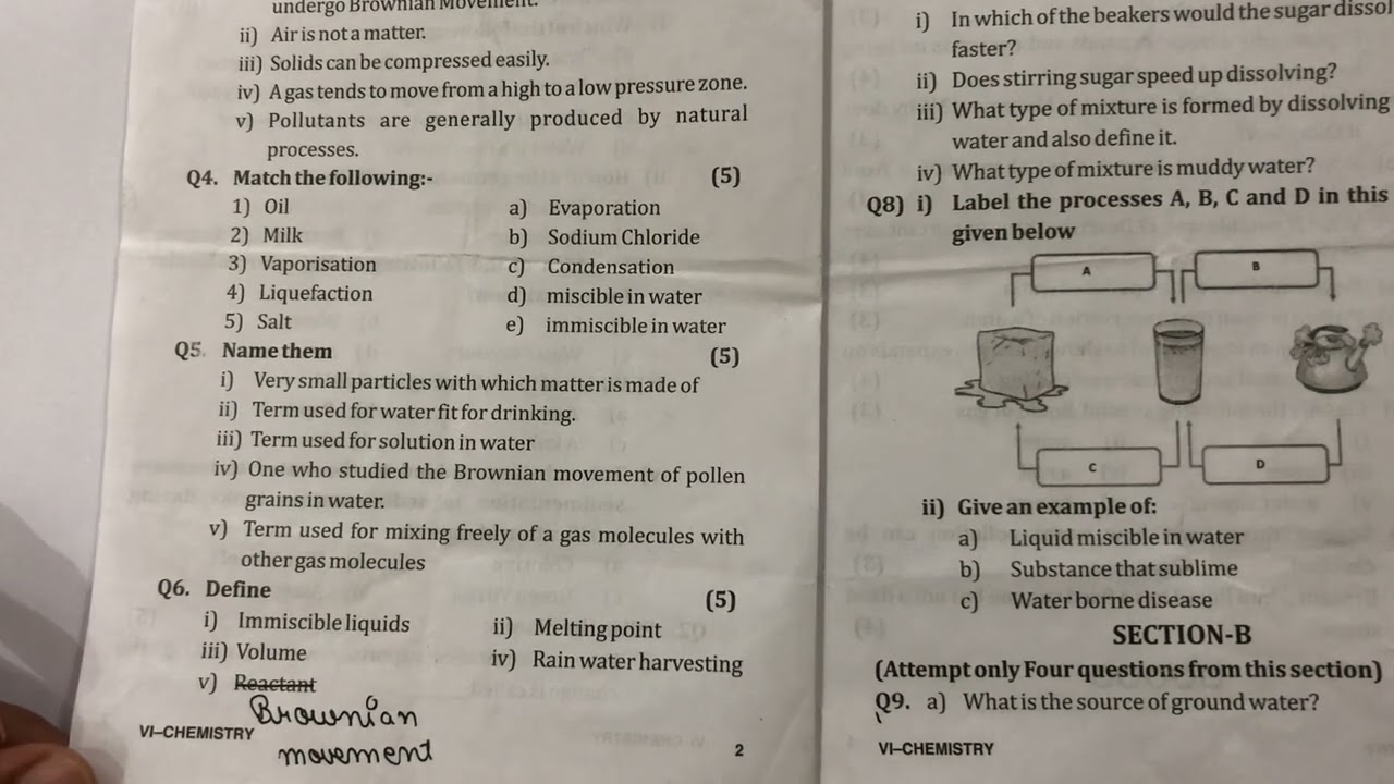 ICSE class-6 Chemistry/2nd term question paper (2024-25)