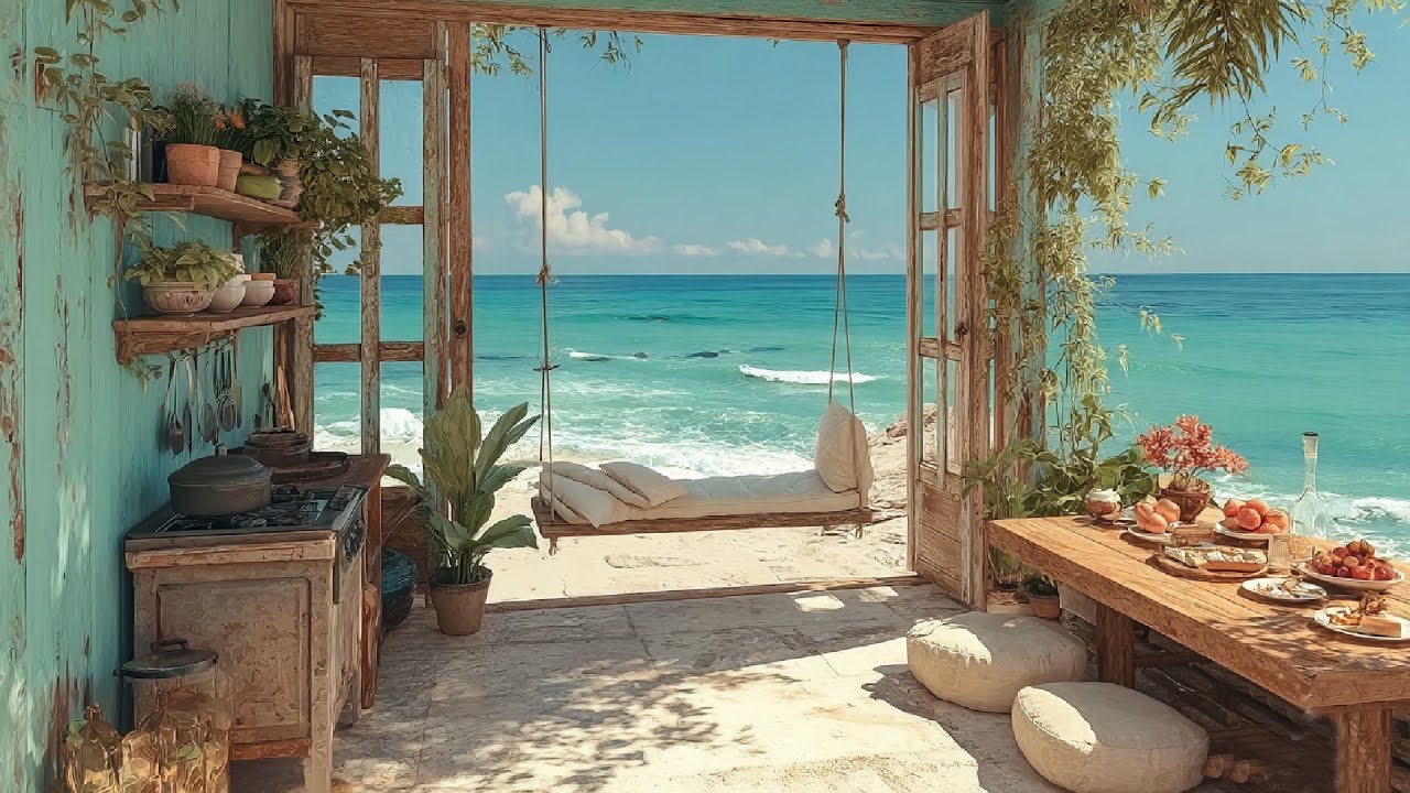 Beach House Kitchen Ambience | Coastal Cooking Sounds & Gentle Waves 🏝️🍳