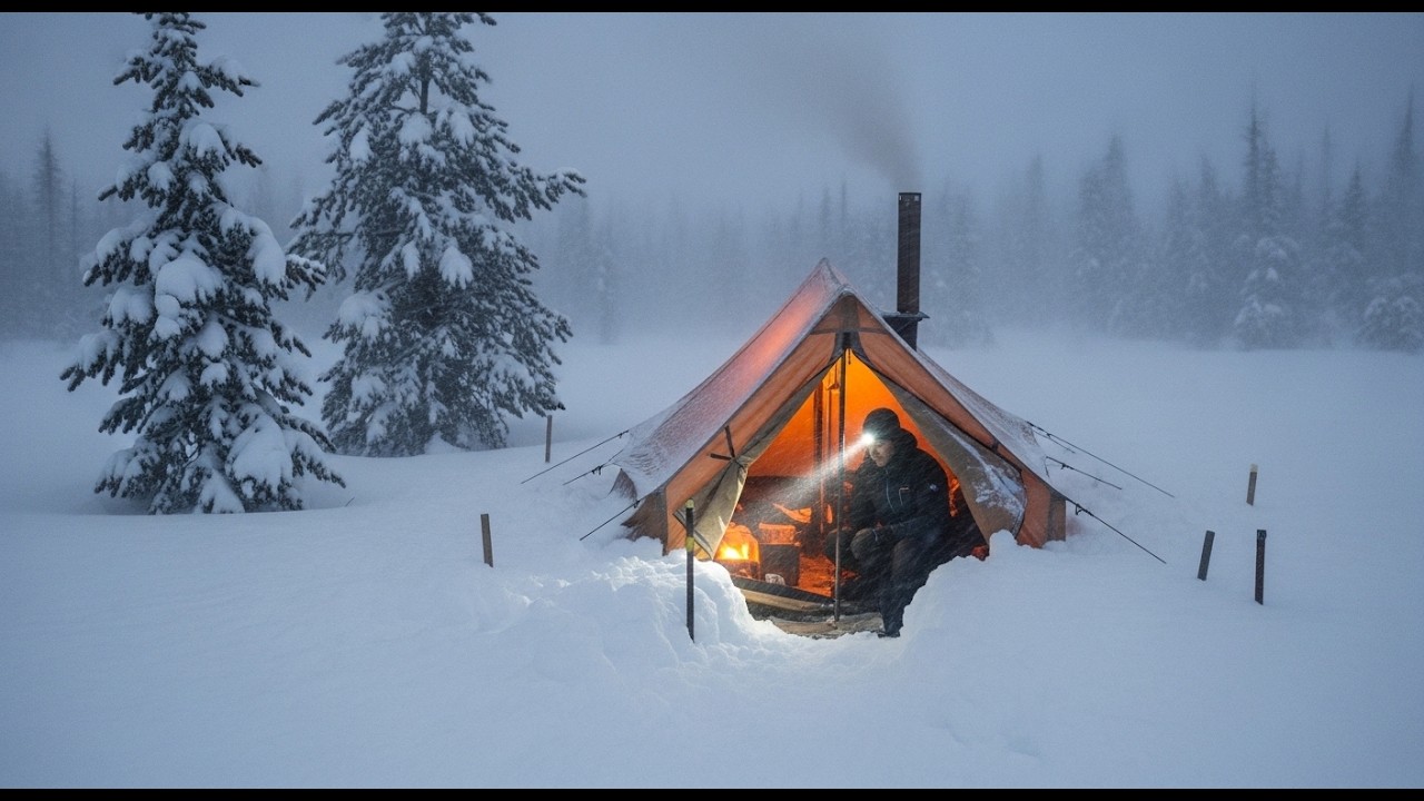 Solo Camping in a Snowy Forest | Hot Tent & Russell Winter Forest Solo Camping |