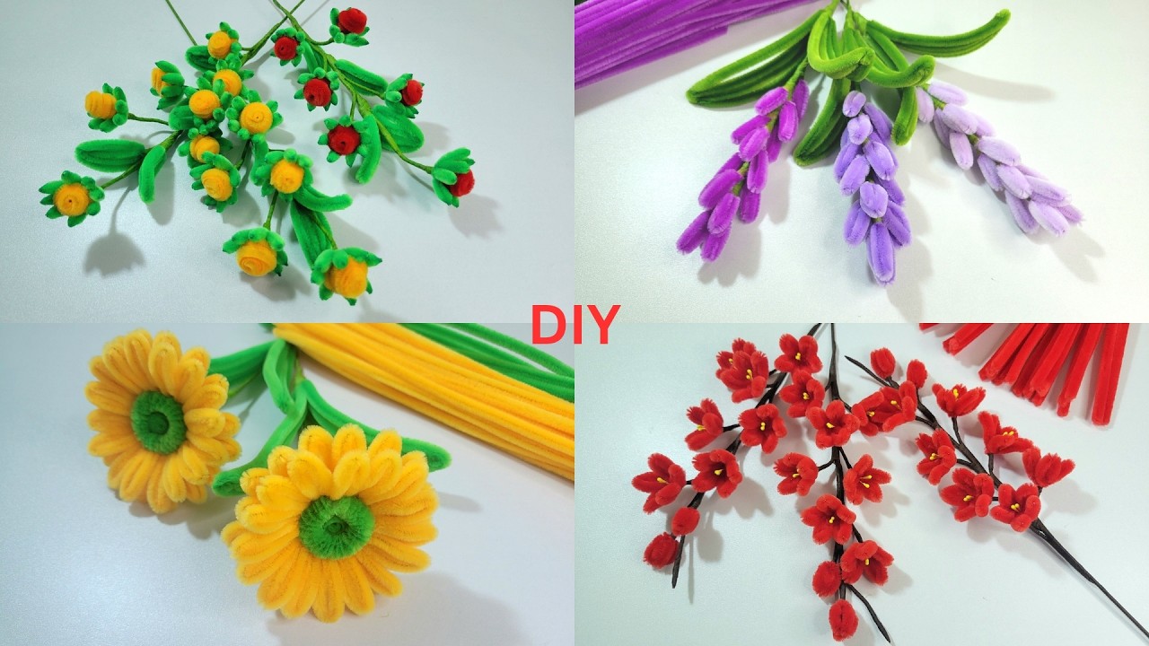 DIY Pipe Cleaner Easy to Make Beautiful 4 Flowers 🌼 |  Color Full Chenille Easy Bouquet Flowers 🌼