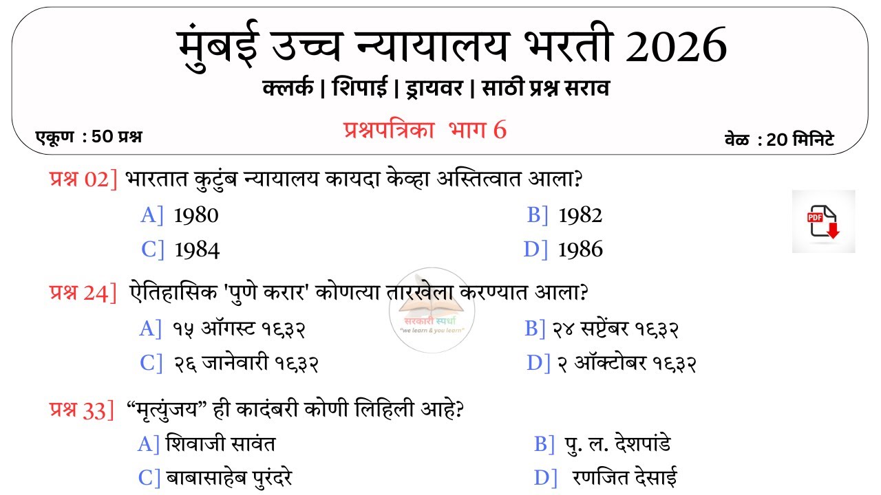 मुंबई उच्च न्यायालय शिपाई भरती प्रश्न | Bombay High Court Shipai Exam Questions | IMP 50 MCQ