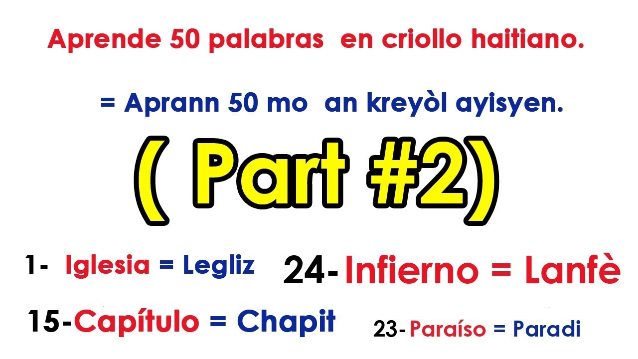 ( Part #2):  Aprende 50 palabras  en criollo haitiano  = Aprann 50 mo  an kreyòl ayisyen.