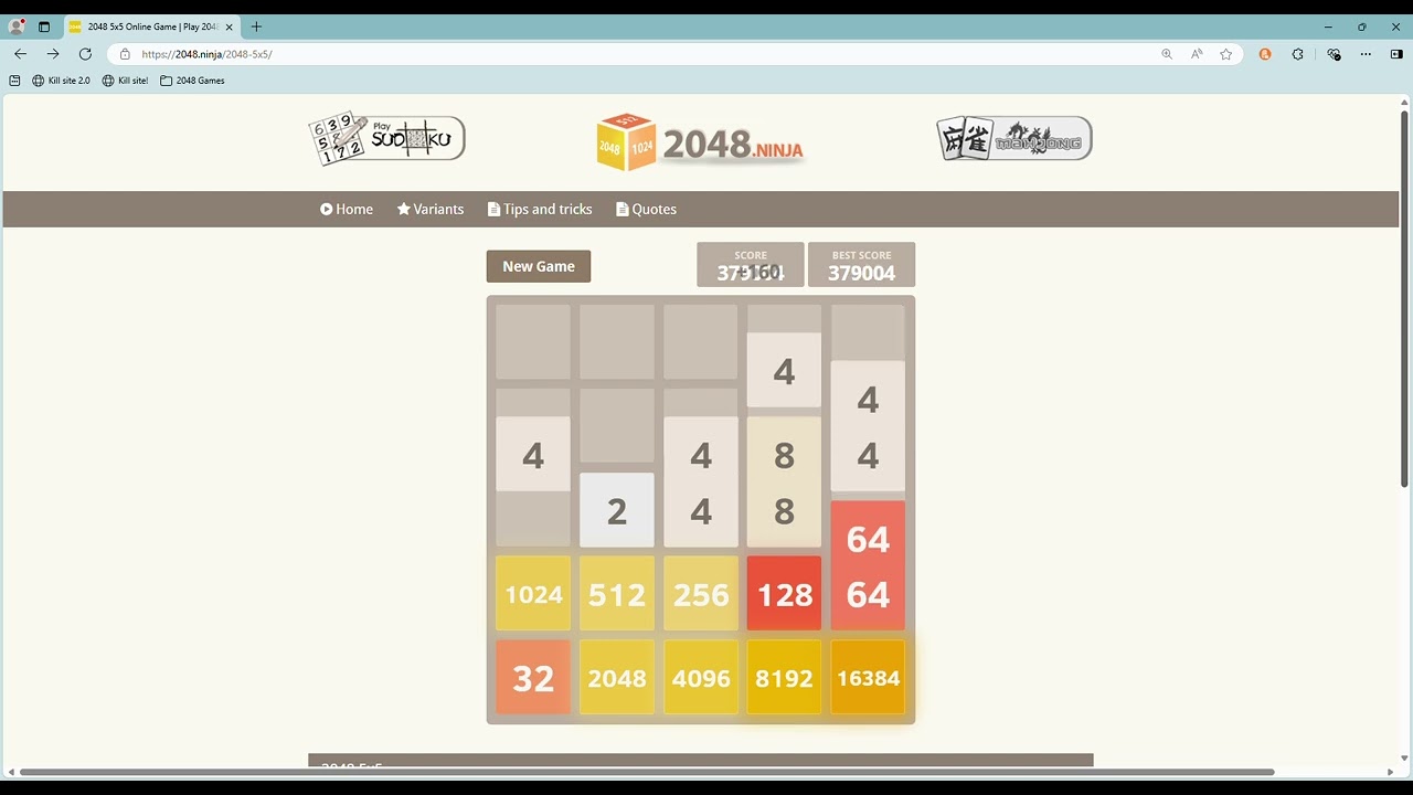 2048 5x5: Soaring up, making best moves, and getting to 32768 tile! Scored 444,492 points!