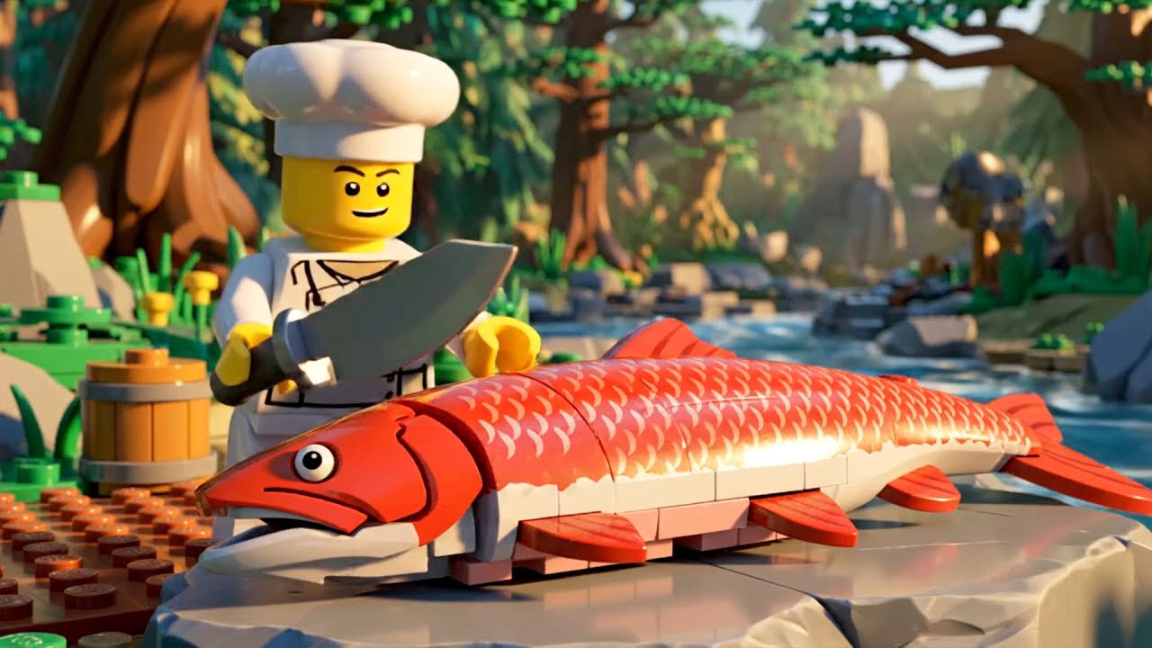 Primitive Cooking LEGO 🐟🔥 Rare Red Salmon Stump Recipe ASMR