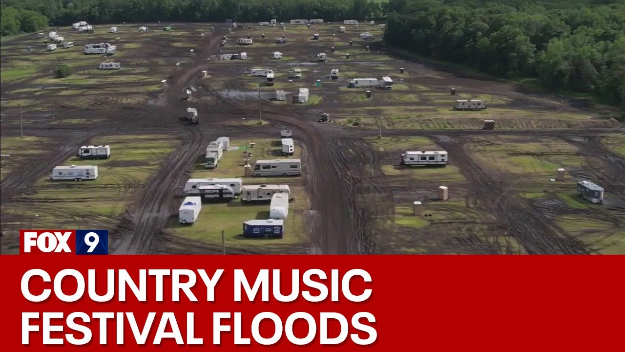 Winstock Festival flood and mud drone view and interviews