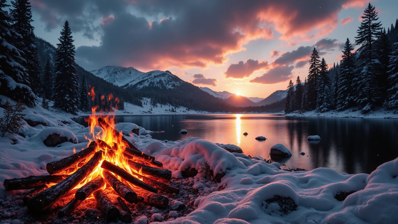 You’re Sitting by a Campfire 🔥 Winter River Sunset with Crackling Fire Sounds (4K, no ads)