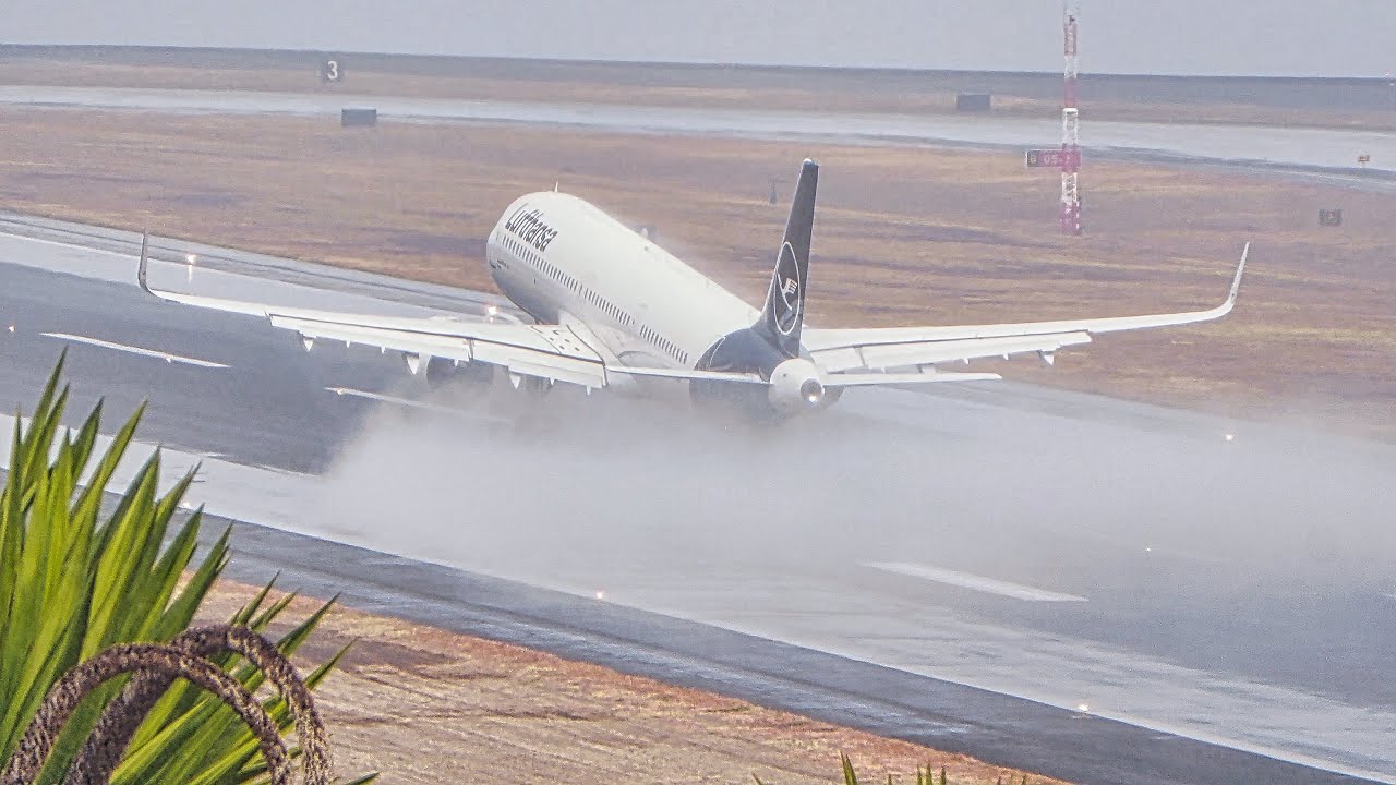 SUPER WET RUNWAY TAKEOFF Lufthansa A321N at Madeira Airport