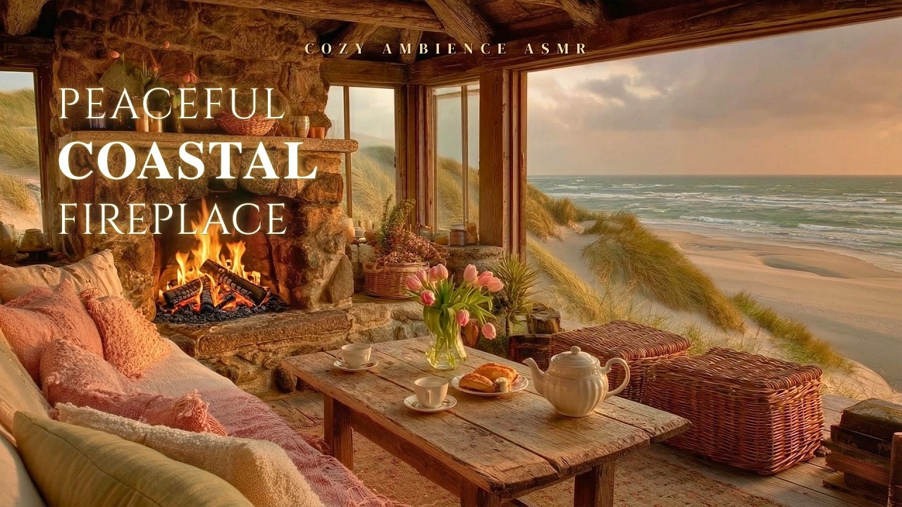 Peaceful Coastal Fireplace 🌊🔥 Gentle Sea Waves and Fireplace Sounds for Relaxation