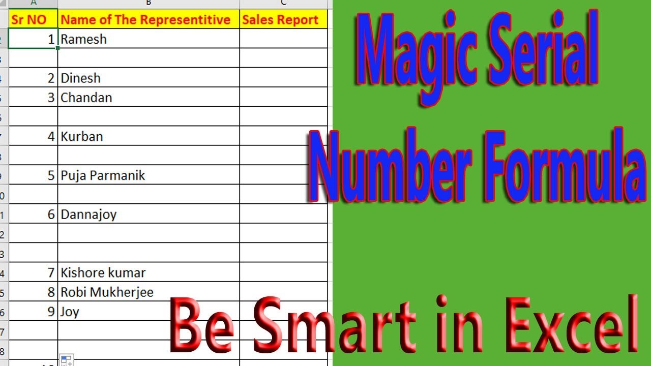 Auto Serial Number after Blank Cells in Ms Excel 2016