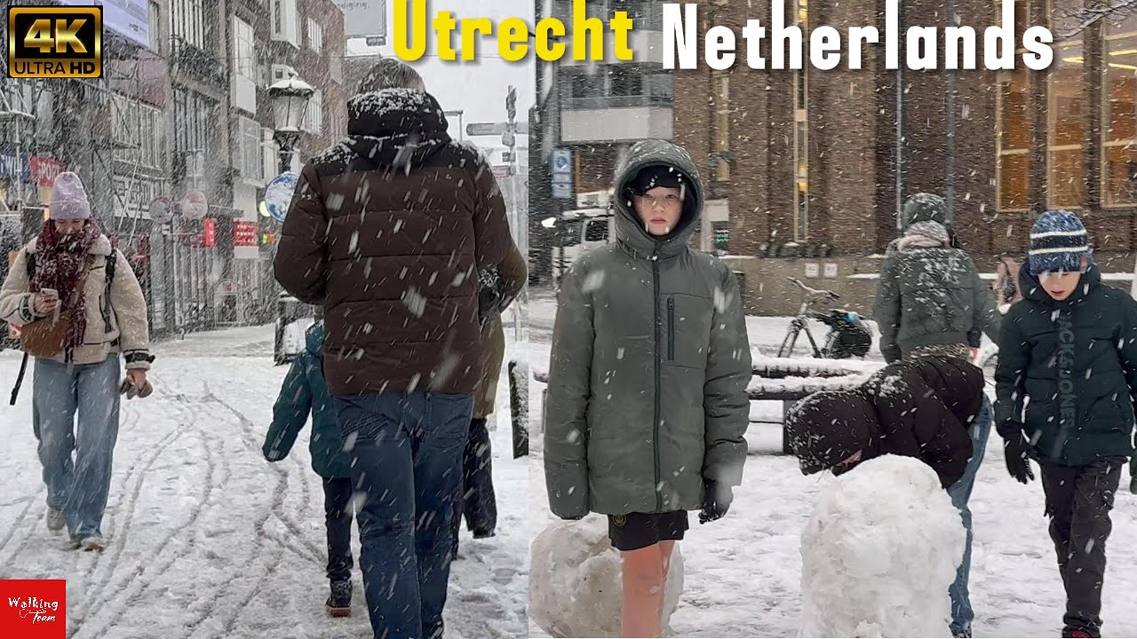 Utrecht, Netherlands 4K - Snowfall walk in beautiful Utrecht Streets - Winter wonderland
