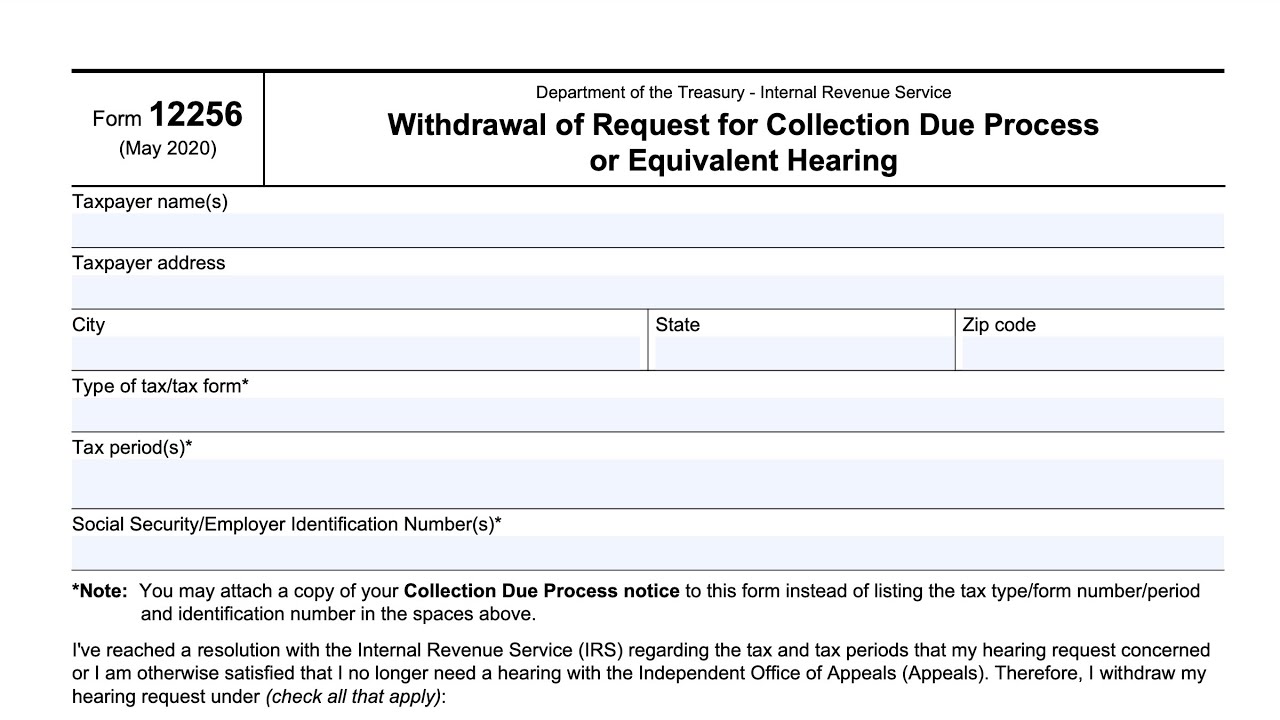 IRS Form 12256 walkthrough (Withdrawal of Request for Collection Due Process or Equivalent Hearing)