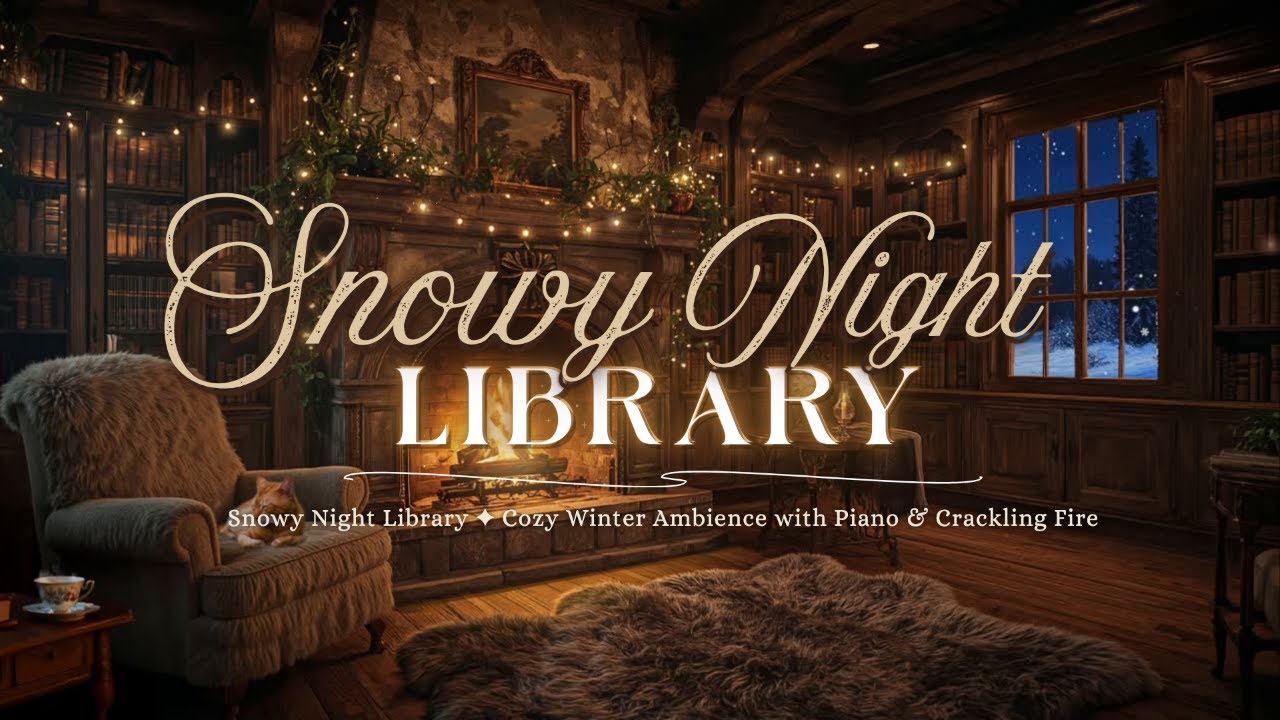 Snowy Night Library ✦ Cozy Winter Ambience with Piano & Guitar by the Fire
