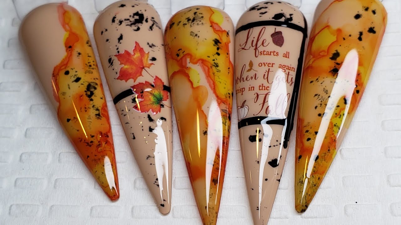 Fall nails design, DIY Marble alcohol ink,  how to water stickers