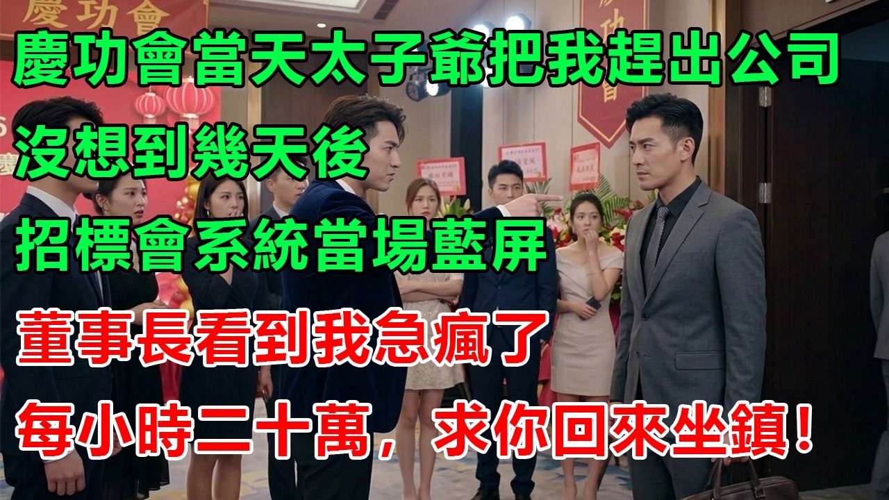 慶功會當天太子爺把我趕出公司，沒想到幾天後招標會系統當場藍屏，董事長看到我瘋了：每小時二十萬，求你回來坐鎮！#幸福生活 #為人處世 #生活經驗 #情感故事 #婆媳故事 #子女孝順