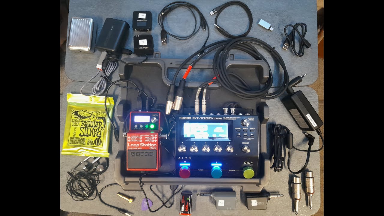 Battery powered mobile guitar rig in a BOSS BCB-30X (GT-1000core, RC-5, WL-20L, B&O A8, Wireless GO)