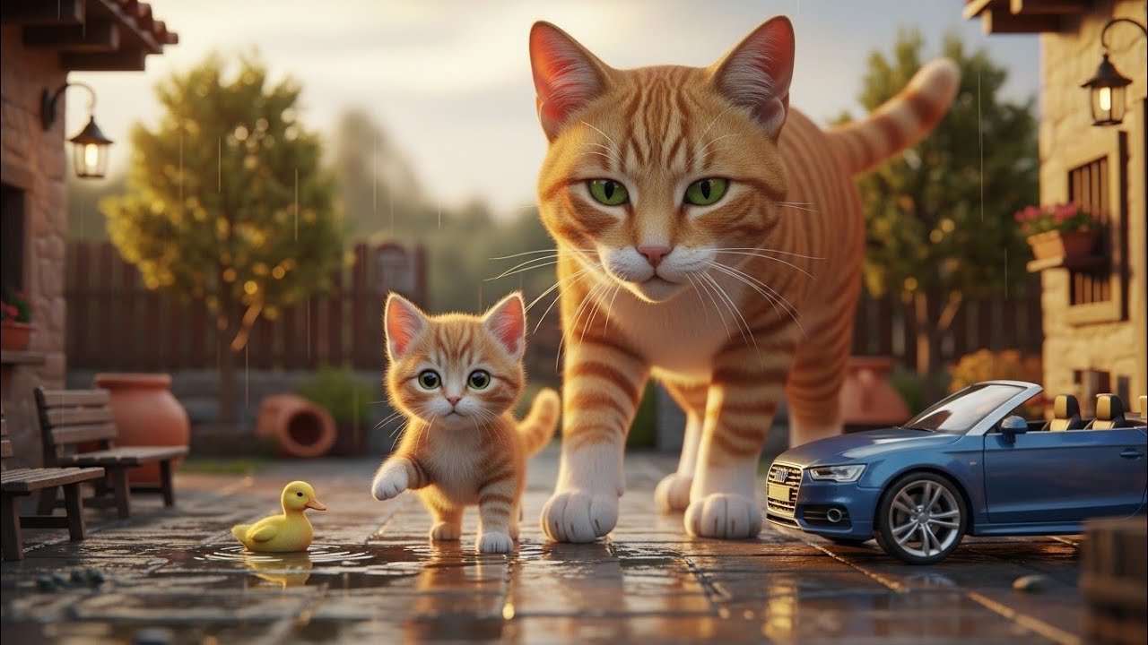 Mama Cat Guides Her Kitten Into the Rain for the First Time,cat videos Ai