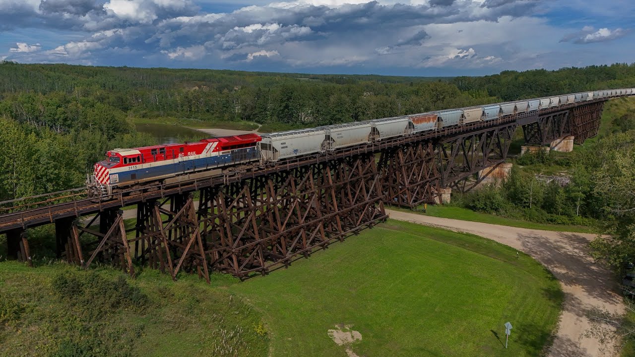 BC Rail Heritage Unit on CN Sangudo Sub - Wooden Trestles and Grain Elevators