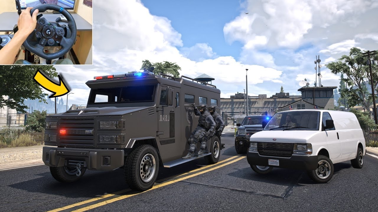 GTA 5 Playing as SWAT Team Escorting Prisoner - Steering Wheel Gameplay