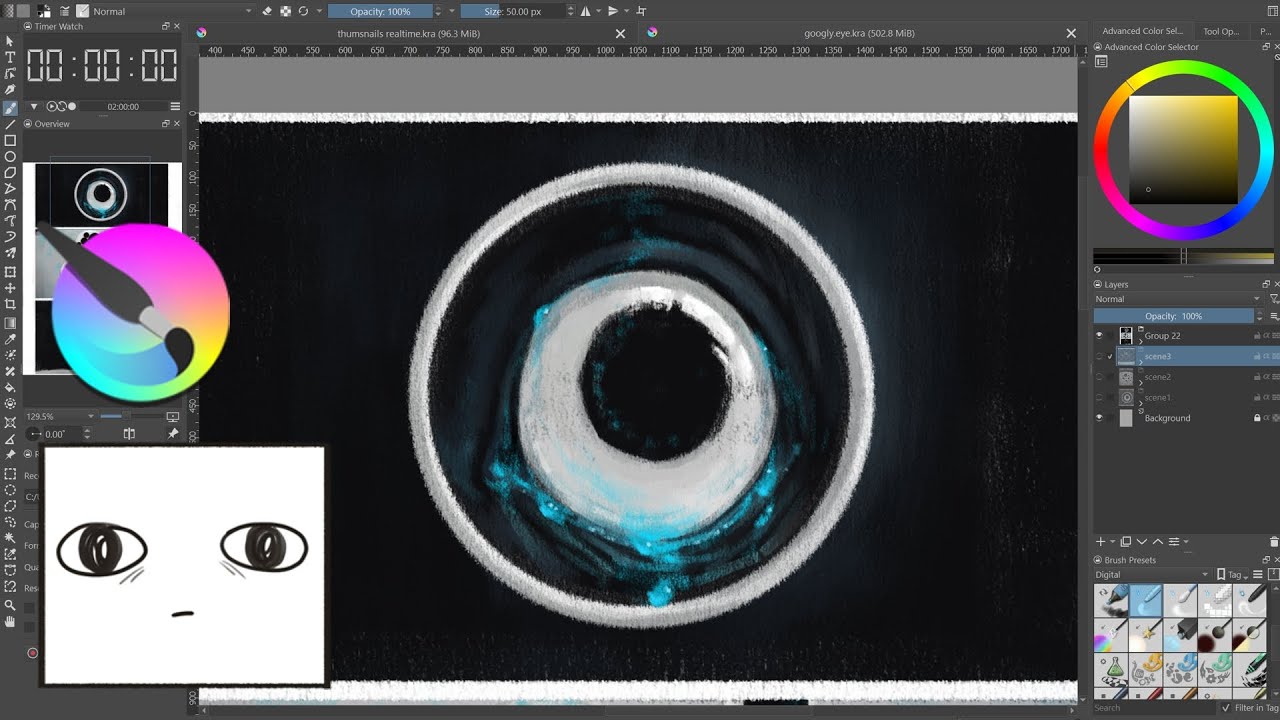 painting googly eyes in krita, realtime painting