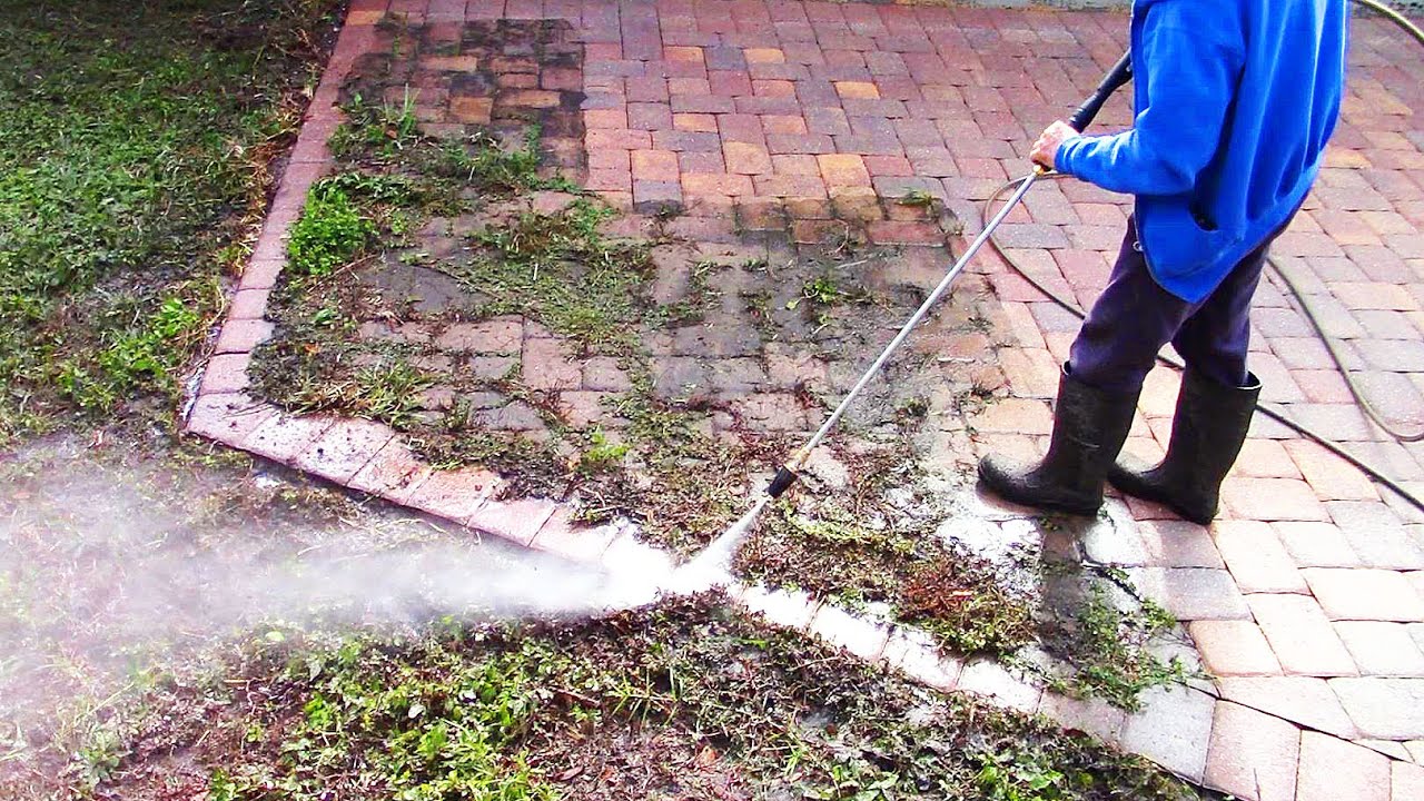 Blasting weeds off a paver patio - Pressure washing ASMR!