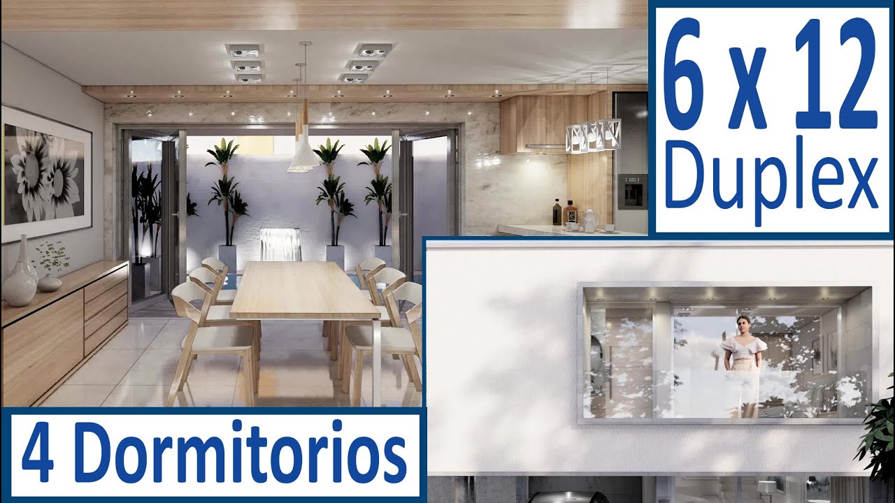Planos de Casas 6 x 12 de Dos Plantas Modernas  / Planta 3d con 4 Dormitorios y Cocina Americana