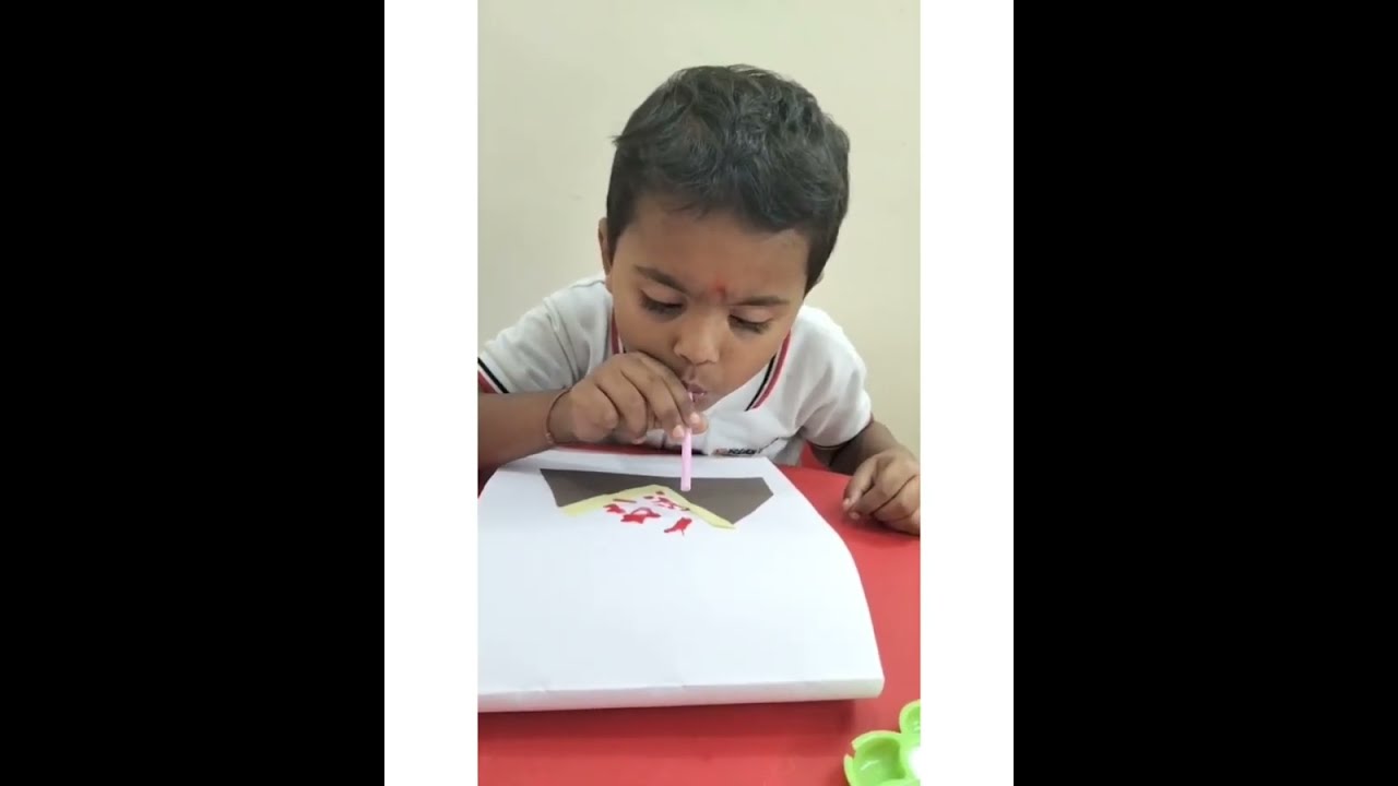 Class: PP - I, Sub: English, Letter: Vv, Activity: Make a 🌋Volcano🌋 by blowing the red colour.