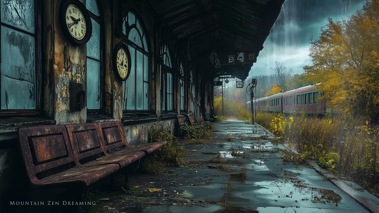 Abandoned Train Station During a Rainstorm - Echoes of Rain and Thunder for Relaxation
