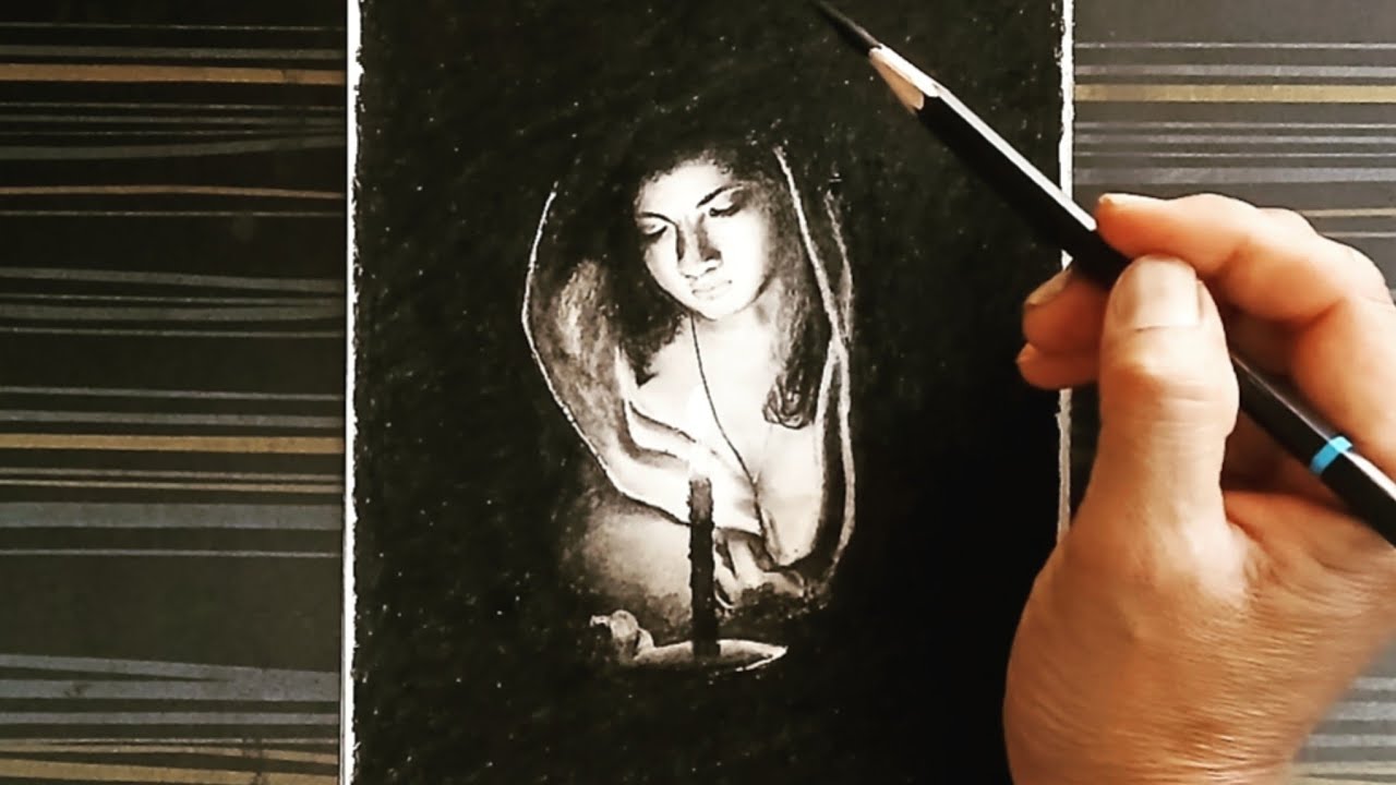 Chiaroscuro Art: Light and Shadow Drawing of a Girl with Candle.