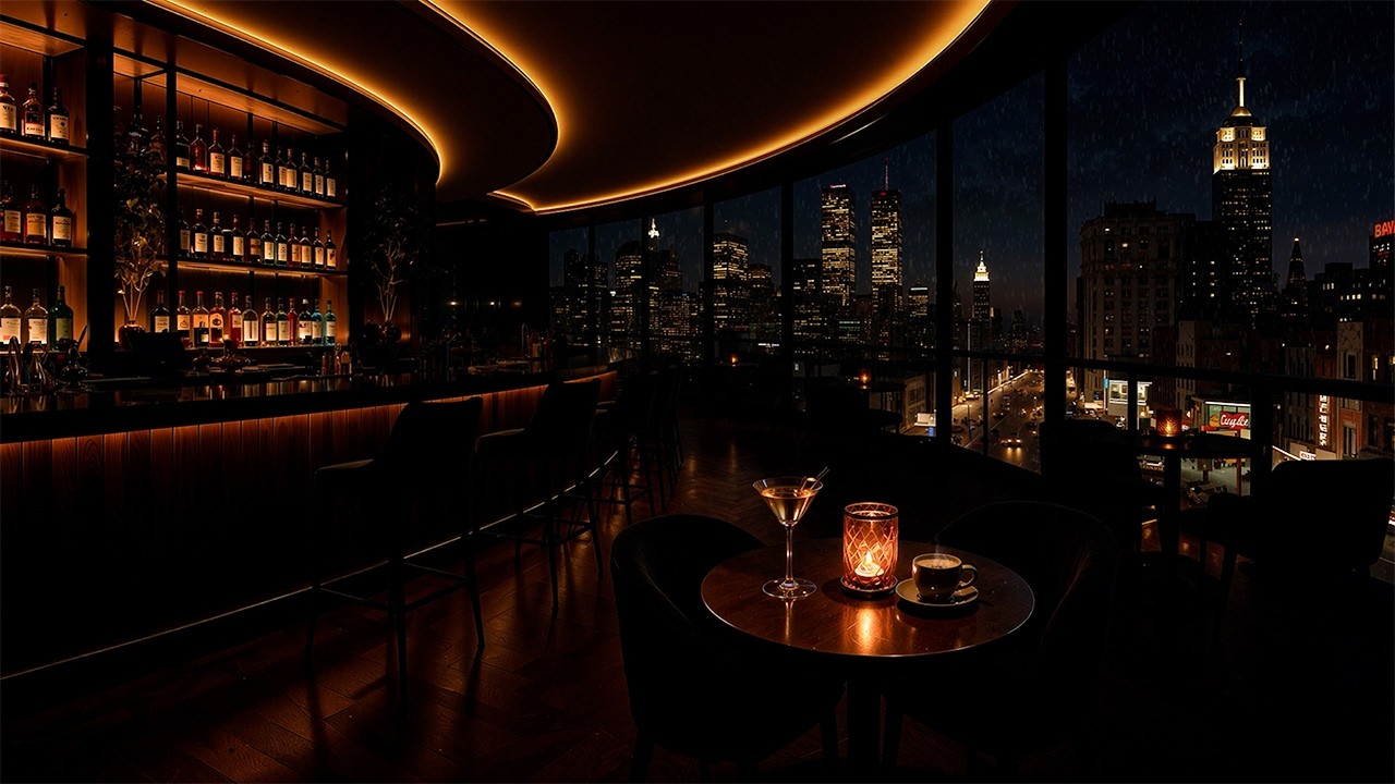 a rainy night in 1940's new york with vintage jazz playing in another room