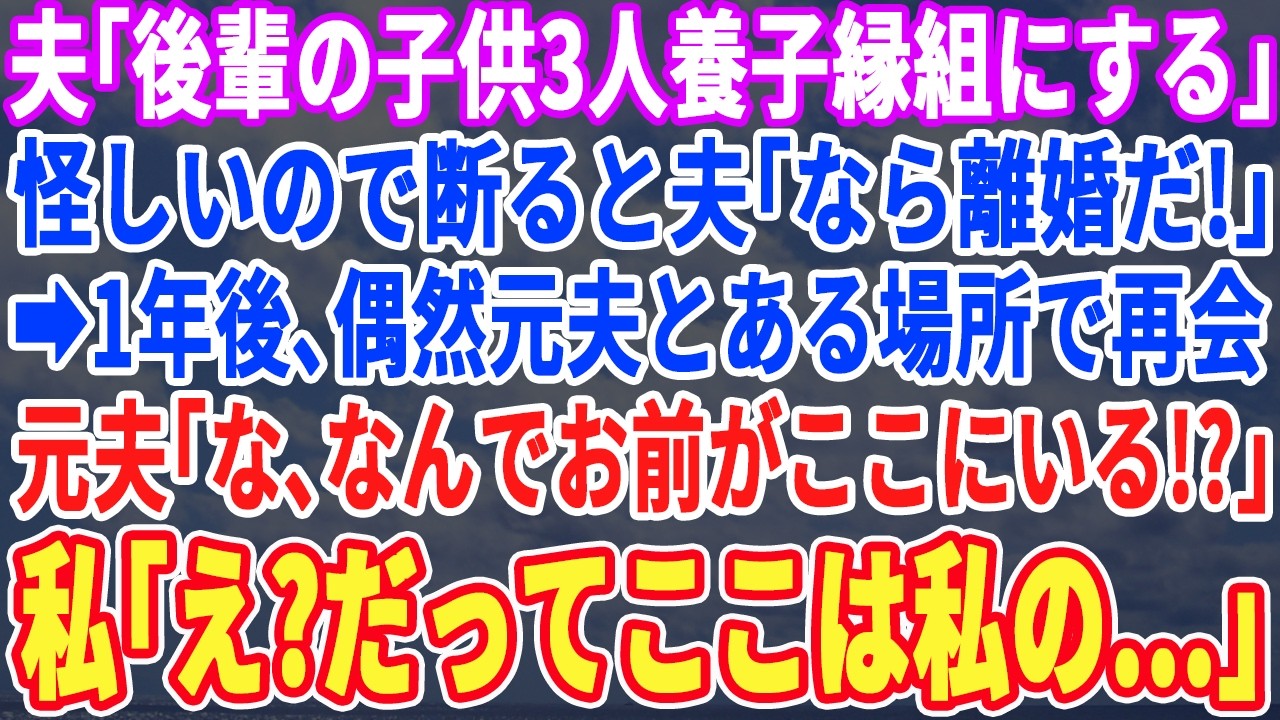 【スカッとする話】夫が後輩の子供3人を養子縁組したいと言い出した！怪しいので断ると夫「なら離婚する！さっさと出て行け！」➡︎1年後、元夫と偶然再会「な、なんでお前が！？」私「え？だって…」【スッキリ】