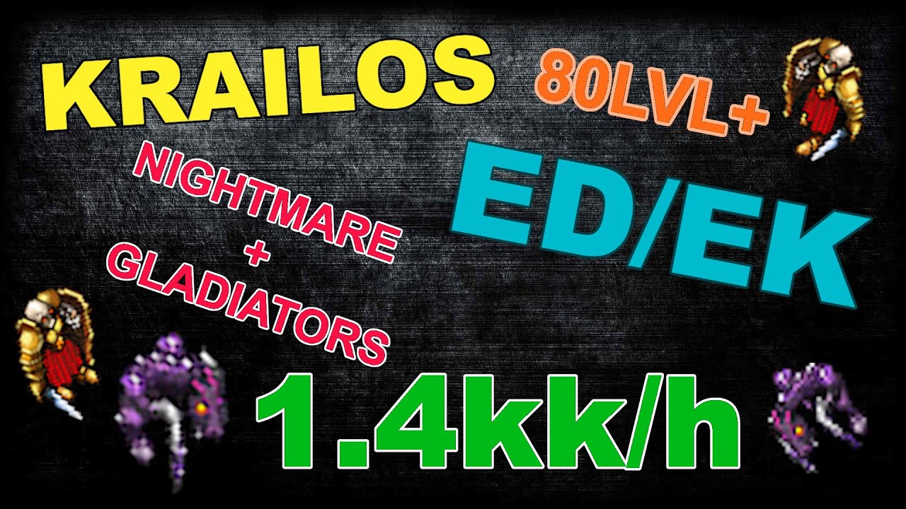 Tbia - Krailos / nigtmares + gladiators / Duo hunt / ED+EK 80lvl+ / 1.4kk/h exp