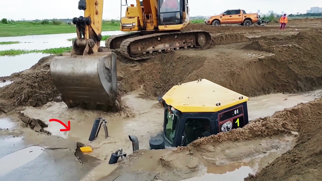 OMG! COLLAPSE! MUD TRAP! Bulldozer Sinking into Deep Muddy and Skills Operator Excavator Recovery