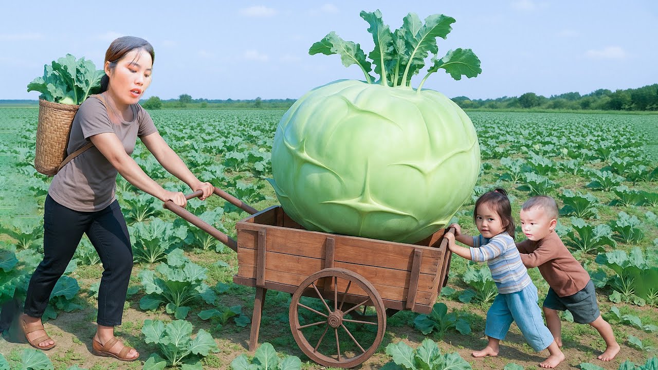 一位單親媽媽和她的兩個孩子一起採摘大薑、芋頭、大頭菜，並製作乾魚在市場上出售
