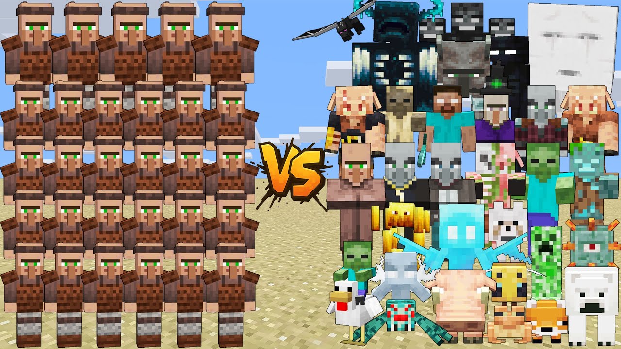 VILLAGER ARMY VS ALL MOBS MINECRAFT – VILLAGER RAID AND EVERY MOBS IN MINECRAFT