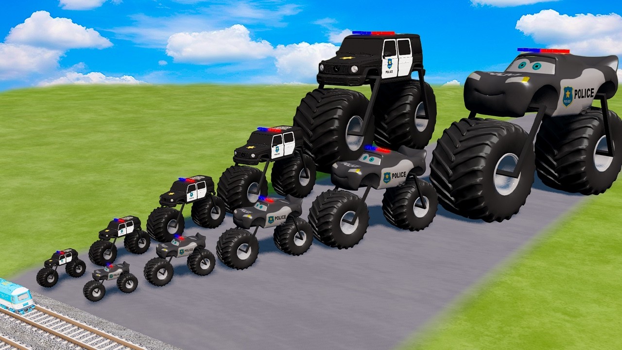 Big & Small Police McQueen & Moto Police Black Vizor VS Train | BeamNG.Drive
