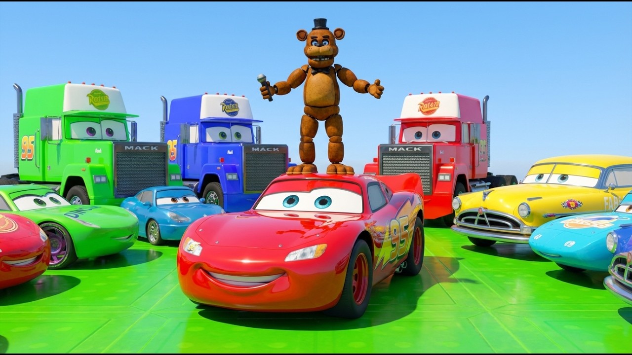 GTA V Superheroes SPIDERMAN McQueen Freddy CARS MEGA CITY Ramp ! Fight Mack Truck SUPER Jump