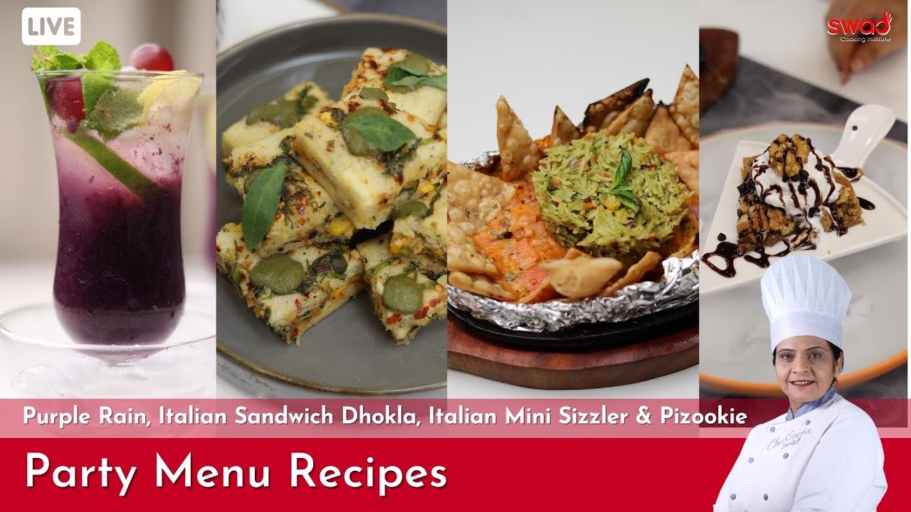 Party Menu Workshop| Learn 4 Recipes| Purple Rain Mocktail, Sandwich Dhokla, Mini Sizzler & Pizookie