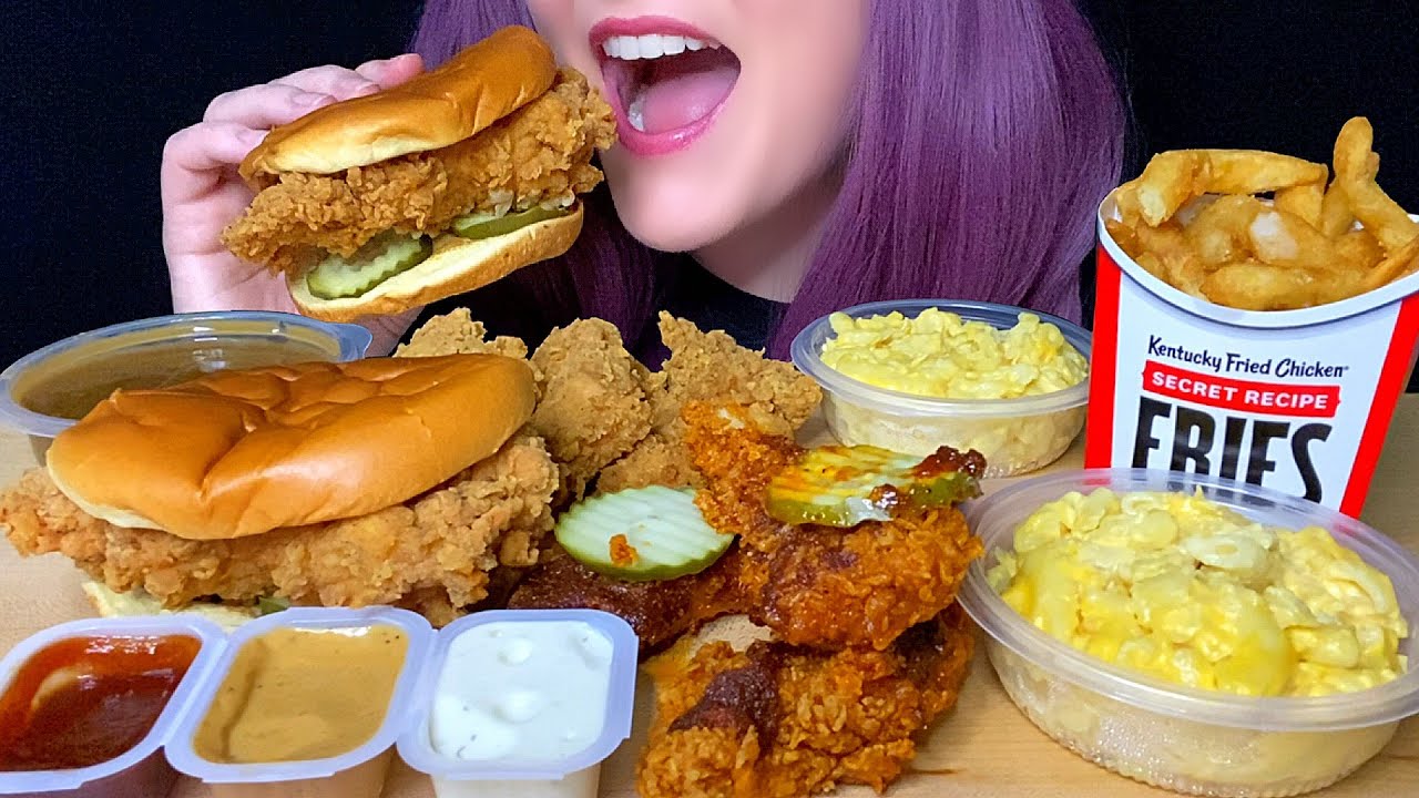 ASMR KFC MUKBANG (NO TALKING) NASHVILLE HOT TENDERS + MAC & CHEESE + CRISPY CHICKEN SANDWICH