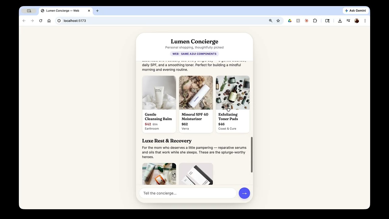 Same A2UI components, now on the web &mdash; no hybrid, no rewrite.