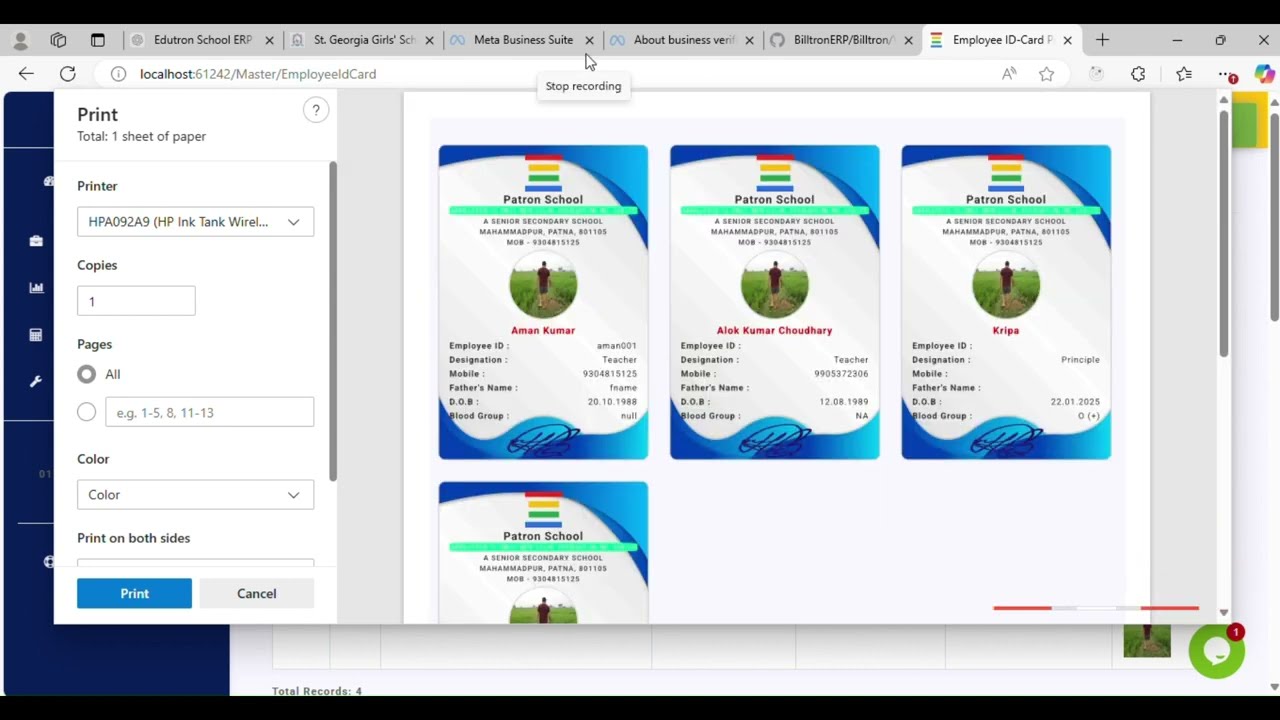 Employee Id Card Printing in Edutron School ERP