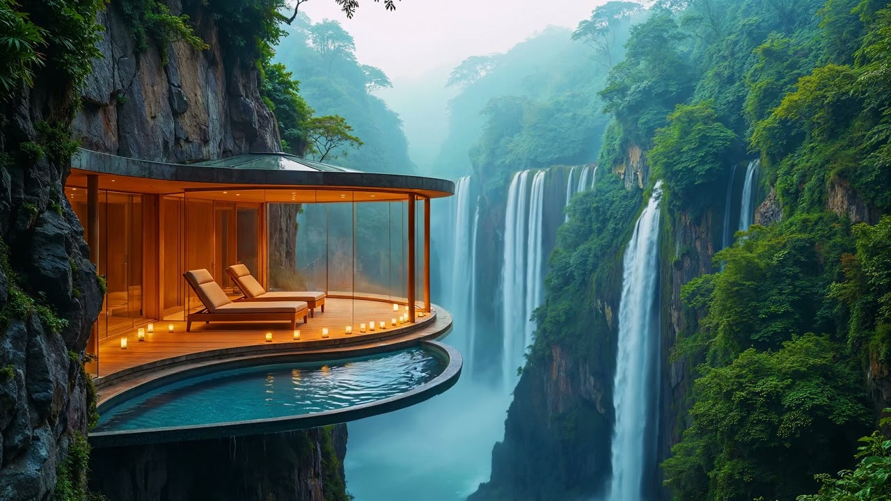 Luxury Waterfall Villa Ambience 🌊 Relaxing Nature Escape | 4K TV Art
