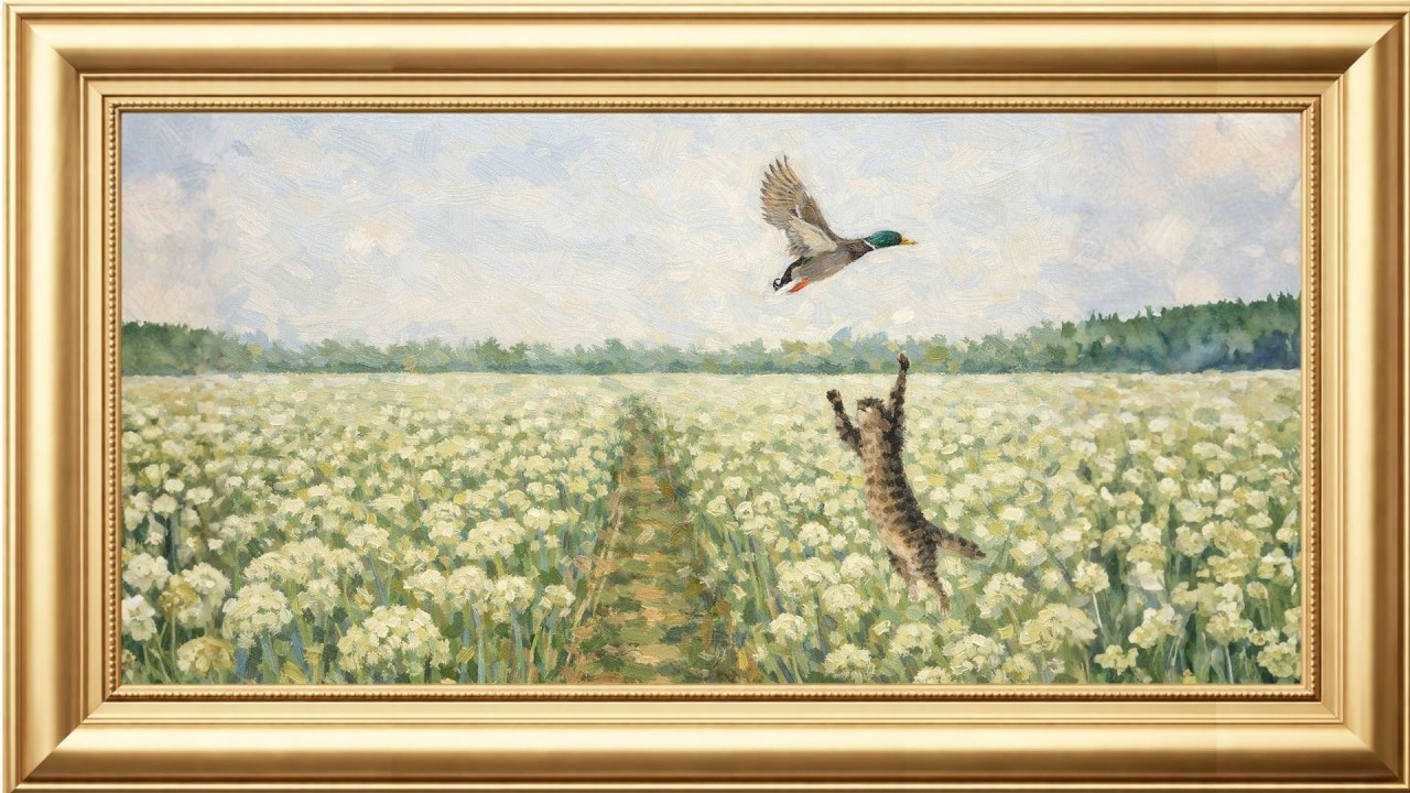 Cat leaping at bird in white flower field | TV Frame Screen Saver Oil Painting Impressionism Art