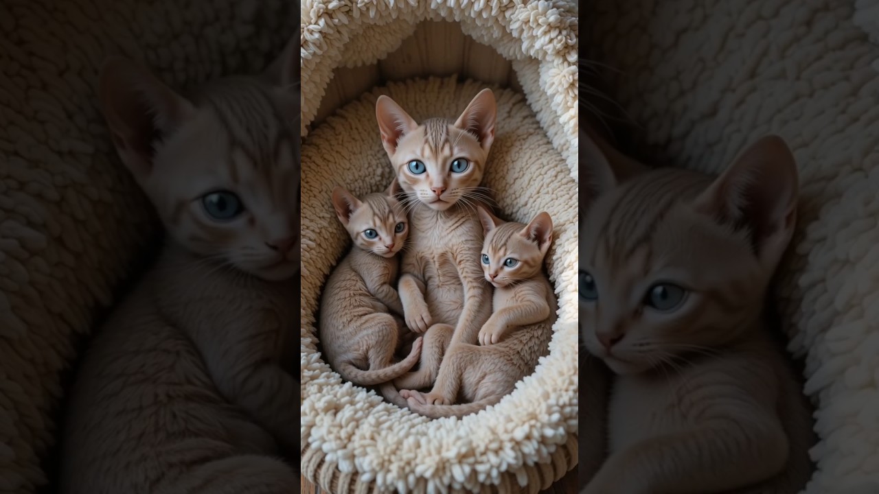 Two cute devon rex kittens and a mom cat.