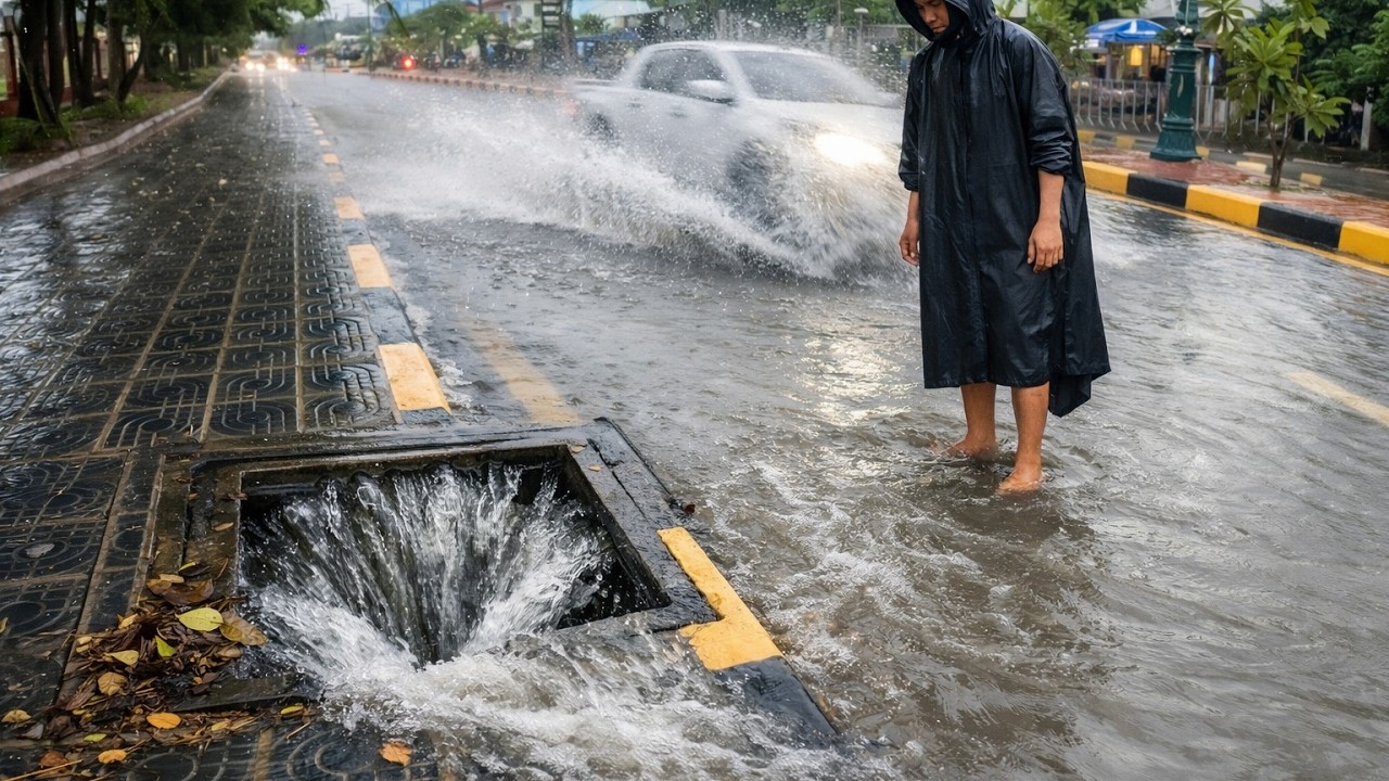 Massive flooding road after heavy rainstorm