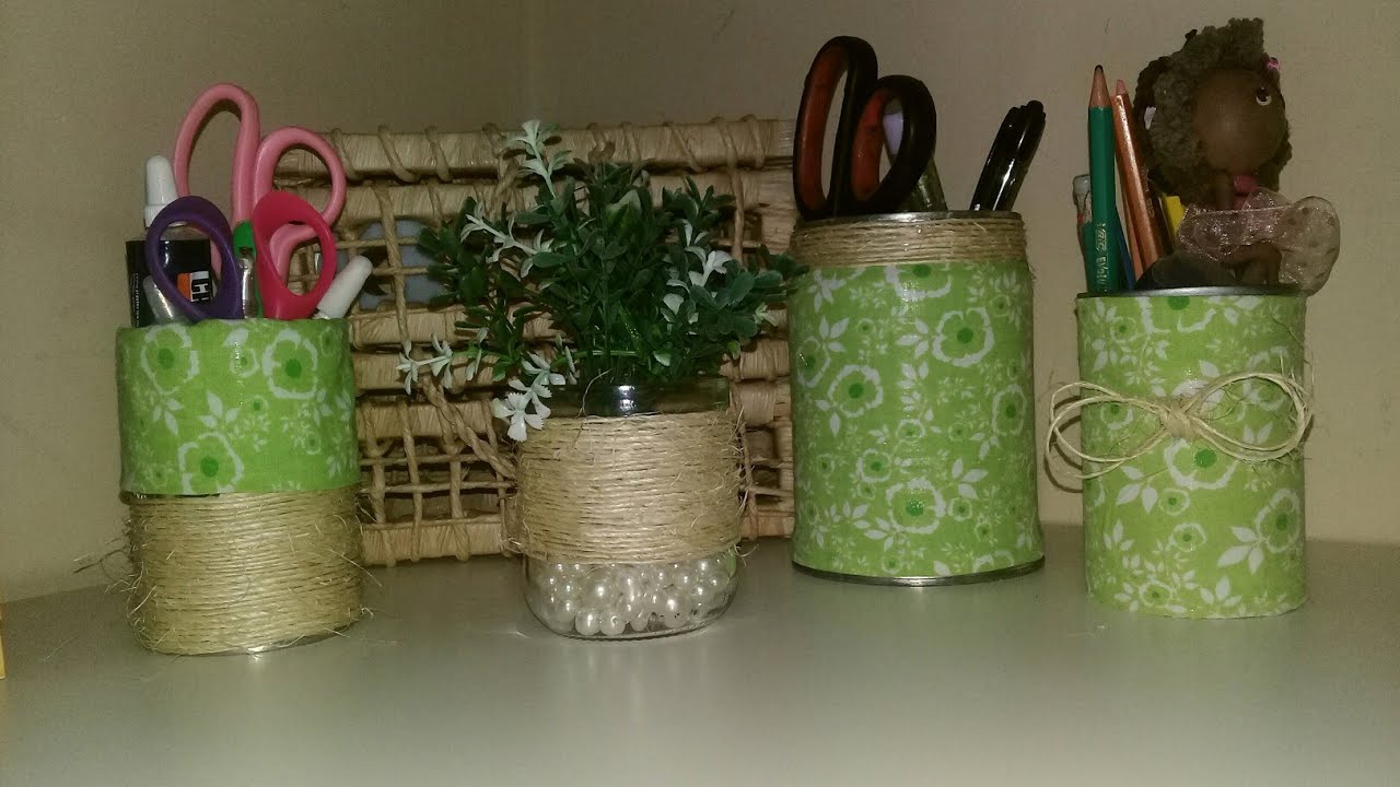 Diy organizadores com latas e vasinho decorativo com copode azeitona com sisal e tecido tutorial pap